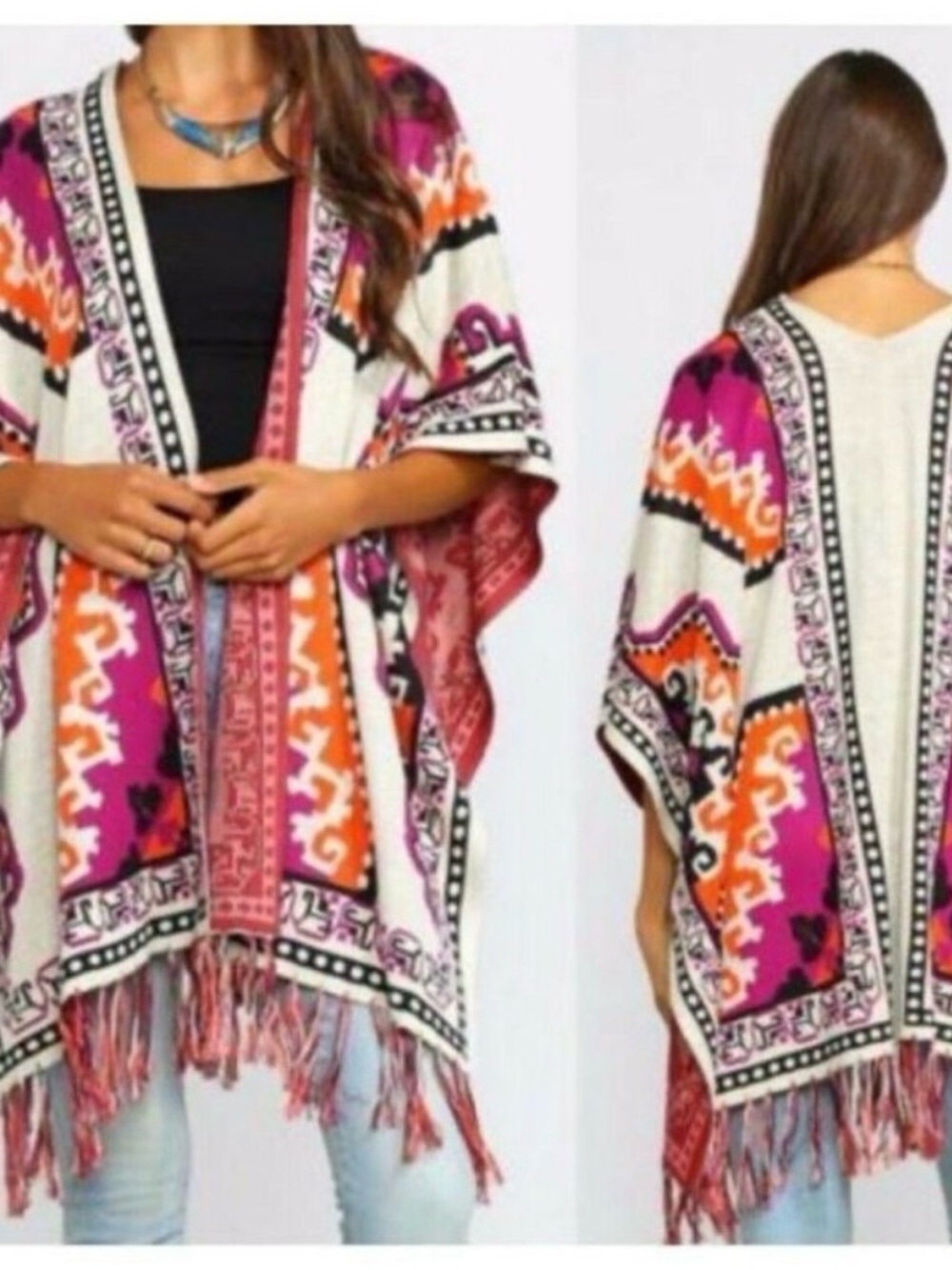 Flying Tomato Cardigan Poncho Fall Festival Aztec Fringe One Size